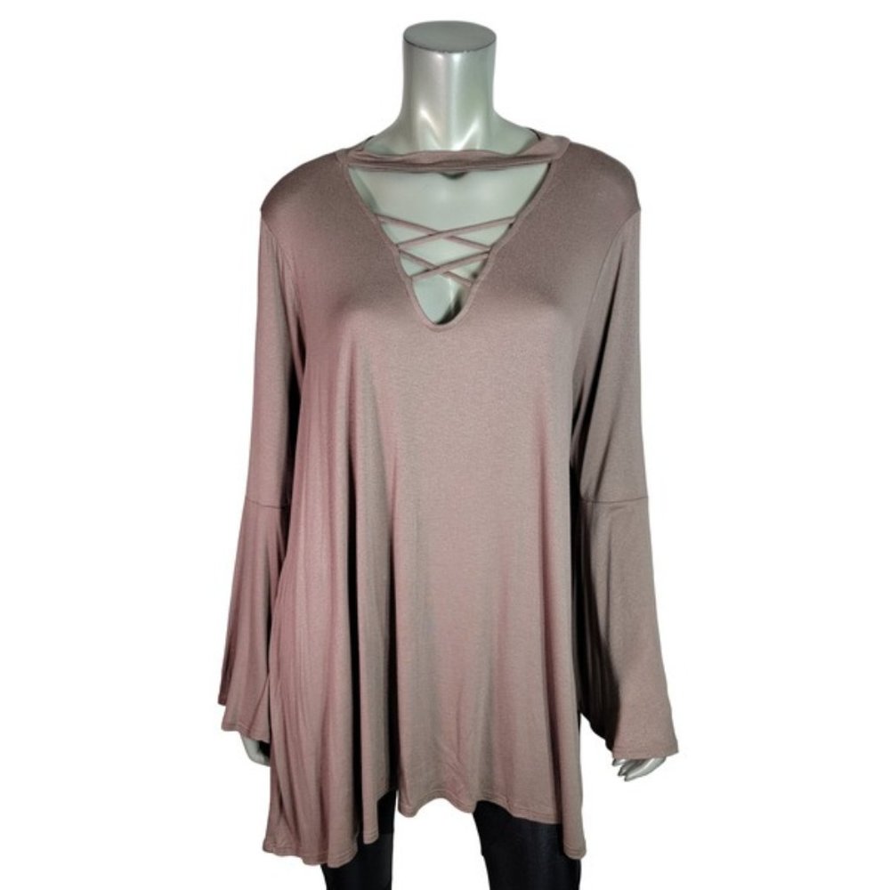 Rae Mode Top Plus Size 3X Caged‎ V-Neck Bell Sleeve A-Line Stretch Casual Brown